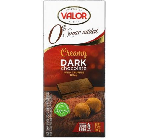Valor, Creamy Dark Chocolate With Creamy Truffle Filling, 0% Sugar Added, 3.5 oz (100 g)
