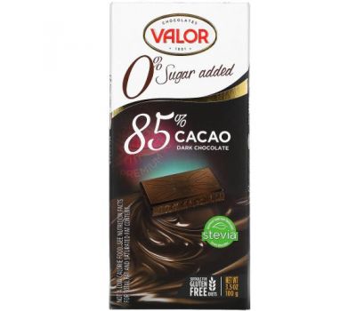 Valor, Dark Chocolate, 0% Sugar Added, 85% Cacao, 3.5 oz (100 g)