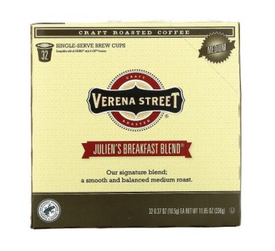 Verena Street, Julien's Breakfast Blend, Craft Roasted Coffee, Medium Roast, 32 Single-Serve Brew Cups, 0.37 oz (10.5 g) Each