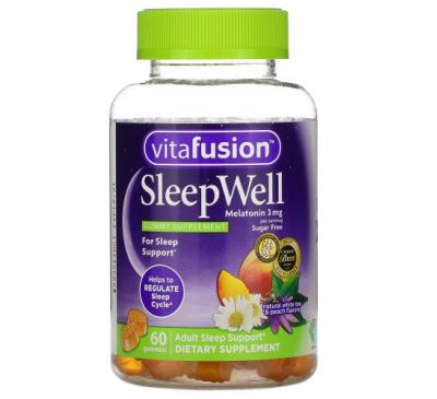 VitaFusion, SleepWell, дієтична добавка для підтримки сну, для дорослих, зі смаком натурального білого чаю та персика, 60 жувальних таблеток