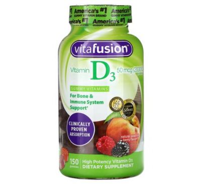 VitaFusion, вітамін D3, зі смаком натурального персика та ягід, 50 мкг (2000 МО), 150 жувальних таблеток