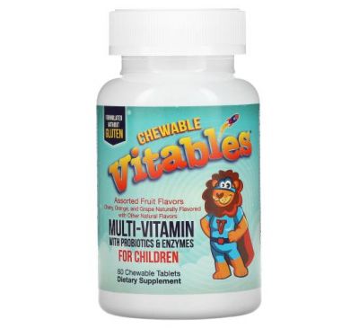 Vitables, жувальні мультивітаміни з пробіотиками та ферментами для дітей, зі смаком фруктів, 60 вегетаріанських таблеток