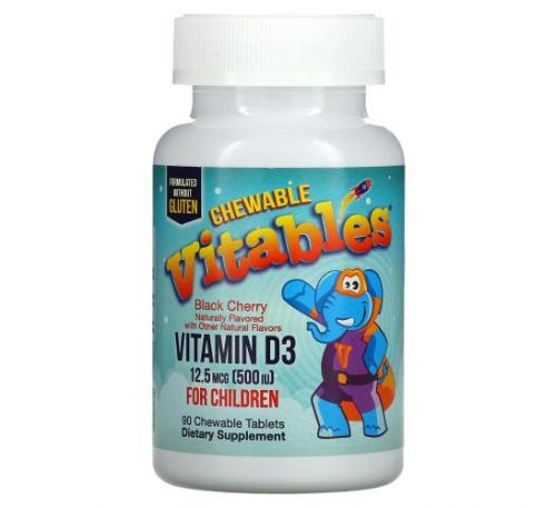 Vitables, жувальний вітамін D3 для дітей, зі смаком черешні, 12,5 мкг (500 МО), 90 вегетаріанських таблеток
