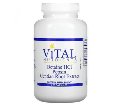 Vital Nutrients, Бетаин гидрохлорид, пепсин, экстракт корня горечавки, 225 капсул