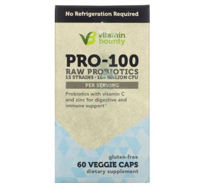 Vitamin Bounty, PRO-100 необработанные пробиотики, 100 млрд КОЕ, 60 растительных капсул