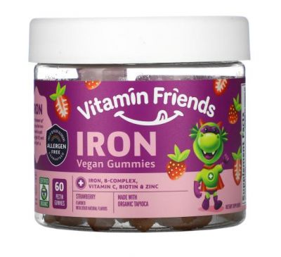 Vitamin Friends, веганські жувальні таблетки з залізом, зі смаком полуниці, 60 жувальних таблеток з пектином