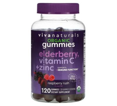Viva Naturals, Organic Elderberry, Vitamin C + Zinc, Raspberry Rush, 120 Gummies