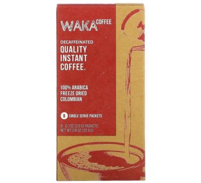 Waka Coffee, 100% Arabica Instant Coffee, Colombian, Medium Roast, Decaffeinated, 8 Packets, 0.1 oz (2.8 g) Each