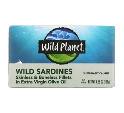 Wild Planet, філе дикої сардини без шкірки та кісток у нерафінованій оливковій олії першого віджиму, 120 г (4,25 унції)
