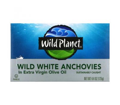 Wild Planet, виловлені в диких умовах білі анчоуси в нерафінованій оливковій олії першого віджиму, 125 г (4,4 унції)