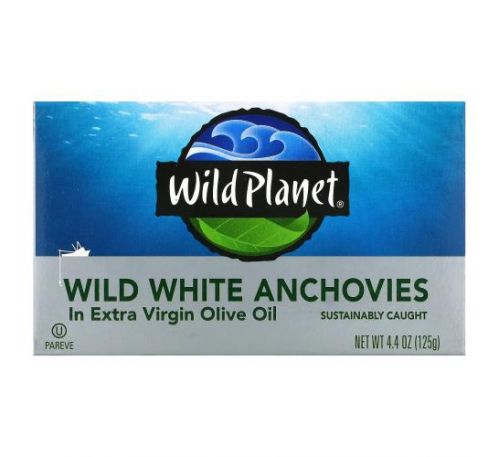 Wild Planet, виловлені в диких умовах білі анчоуси в нерафінованій оливковій олії першого віджиму, 125 г (4,4 унції)