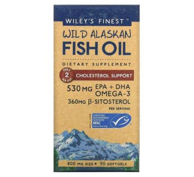 Wiley's Finest, Жир диких аляскинских рыб, поддержка холестерина, 800 мг, 90 мягких таблеток