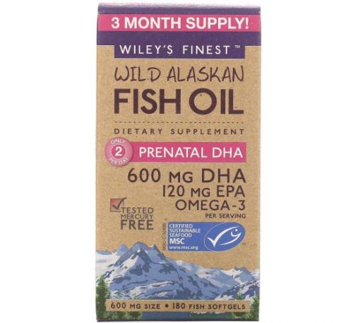 Wiley's Finest, Wild Alaskan Fish Oil, Prenatal DHA, 600 mg, 180 Fish Softgels