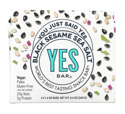 Yes Bar, Snack Bar, Black Sesame Sea Salt, 6 Bars, 1.4 oz Each
