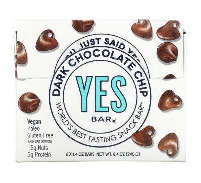 Yes Bar, Snack Bar, Dark Chocolate Chip, 6 Bars, 1.4 oz Each