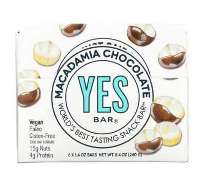 Yes Bar, Snack Bar, шоколад с макадамией, 6 батончиков по 1,4 унции