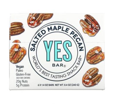 Yes Bar, Snack Bar, Salted Maple Pecan, 6 Bars, 1.4 oz Each