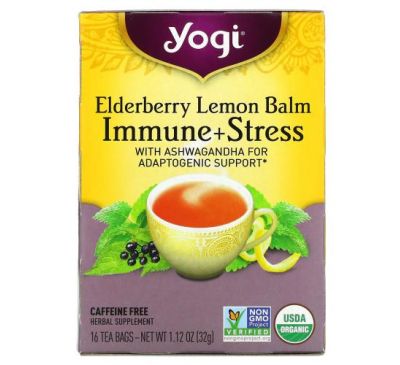 Yogi Tea, Elderberry Lemon Balm, Immune + Stress, Caffeine Free, 16 Tea Bags, 1.12 oz (32 g)