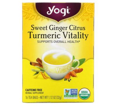 Yogi Tea, Sweet Ginger Citrus Turmeric Vitality, Caffeine Free, 16 Tea Bags, 1.12 oz (32 g)