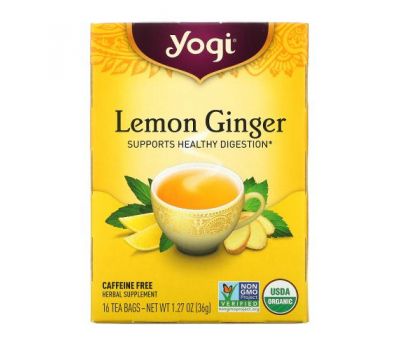 Yogi Tea, чай, лимон та імбир, без кофеїну, 16 чайних пакетиків, 36 г (1,27 унції)