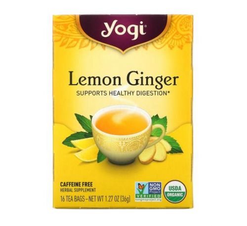 Yogi Tea, чай, лимон та імбир, без кофеїну, 16 чайних пакетиків, 36 г (1,27 унції)