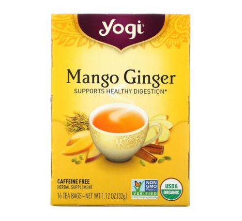 Yogi Tea, чай, манго та імбир, без кофеїну, 16 чайних пакетиків, 32 г (1,12 унції)