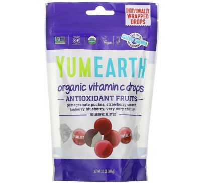 YumEarth, органічні льодяники з вітаміном С, асорті фруктів, 93,6 г (3,3 унції)