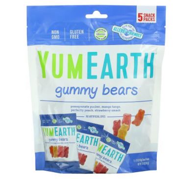 YumEarth, жувальні ведмедики, різні смаки, 5 упаковок снеків по 19,8 г (0,7 унції) кожна