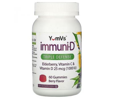 YumV's, Elderberry, Vitamin C & Vitamin D, Triple Defense, Berry Flavor, 25 mcg (1,000 IU), 60 Gummies