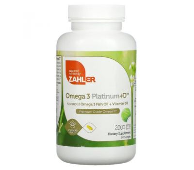Zahler, Omega 3 Platinum+D, усовершенствованный рыбий жир с омега-3 и витамином D3, 1000 мг, 90 капсул