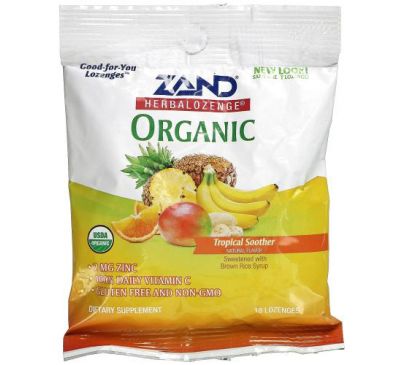 Zand, Organic Herbalozenge, органічні льодяники на основі трав, тропічні фрукти, з пом’якшувальною дією, 18 льодяників
