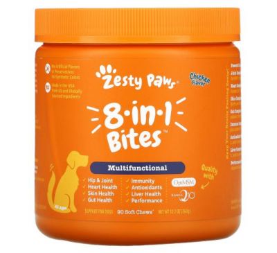 Zesty Paws, Multivitamin Bites, мультивитаминная добавка для собак 5 в 1, для повышения тонуса, для любого возраста, со вкусом курицы, 90 мягких жевательных таблеток, 360 г (12,7 унции)
