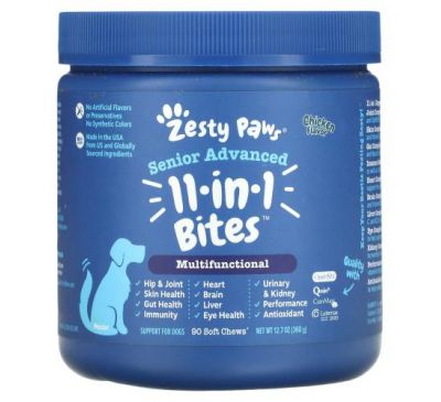 Zesty Paws, Advanced 11 in 1 Multifunctional Bites for Dogs, Senior, Chicken, 90 Soft Chews