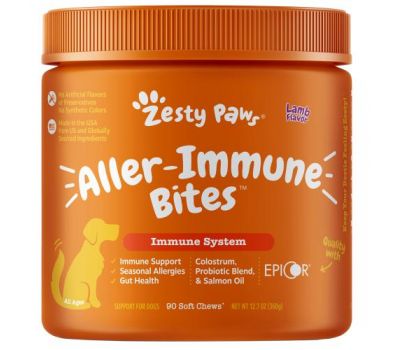 Zesty Paws, Aller-Immune Bites for Dogs, Immune System,  All Ages, Lamb Flavor, 90 Soft Chews, 12.7 oz (360 g)