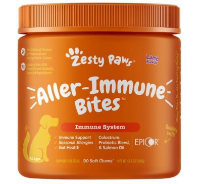 Zesty Paws, Aller-Immune Bites for Dogs, Immune System,  All Ages, Lamb Flavor, 90 Soft Chews, 12.7 oz (360 g)