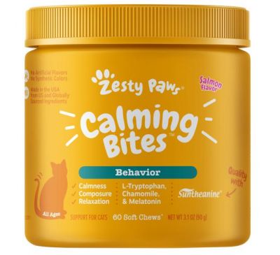Zesty Paws, Calming Bites for Cat, Behavior, All Ages, Salmon, 60 Soft Chews, 3.1 oz (90 g)