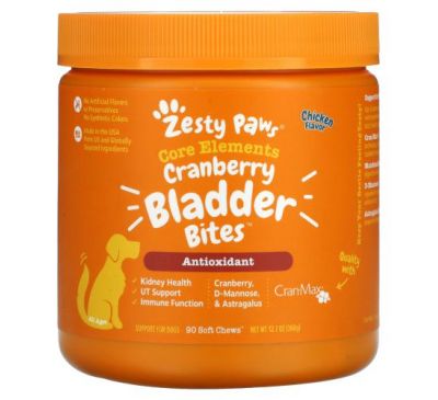 Zesty Paws, Cranberry Bladder Bites for Dogs,  Antioxidant, All Ages, Chicken Flavor, 90 Soft Chews, 12.7 oz (360 g)