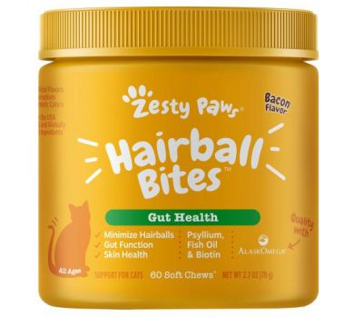 Zesty Paws, Hairball Bites, Gut Health for Cats, All Ages, Bacon, 60 Soft Chews