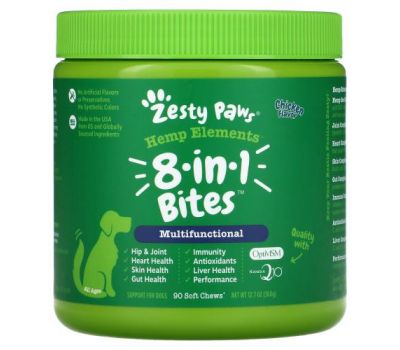 Zesty Paws, Hemp Elements, 8-In-1  Bites For Dogs, Multifunctional, All Ages, Chicken, 90 Soft Chews