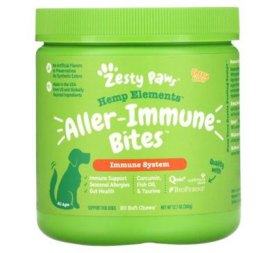 Zesty Paws, Hemp Elements, Aller-Immune Bites For Dogs, All Ages, Cheese, 90 Soft Chews