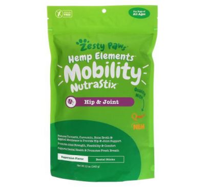 Zesty Paws, Hemp Elements, Mobility Nutrastix For Dogs, For All Ages, Peppermint, 12 oz (340 g)