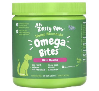 Zesty Paws, Hemp Elements, Omega Bites For Dogs, All Ages, Chicken, 90 Soft Chews