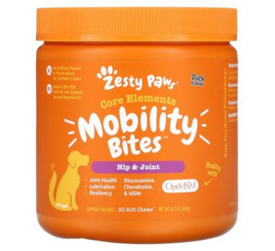 Zesty Paws, Mobility Bites for Dogs, Hip and Joint, All Ages, Duck Flavor, 90 Soft Chews, 12.7 oz (360 g)