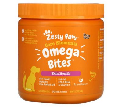 Zesty Paws, Omega Bites for Dogs, Skin & Coat, All Ages, Bacon Flavor, 90 Soft Chews