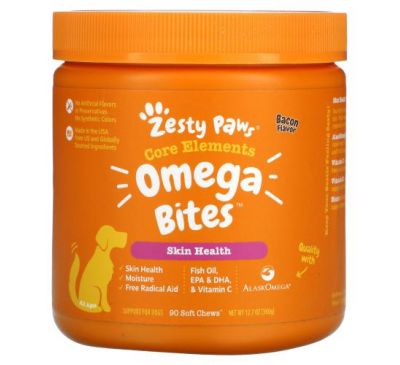 Zesty Paws, Omega Bites, добавка для собак, для здоровья кожи и шерсти животных, с ароматизатором «Бекон», 90 мягких жевательных таблеток
