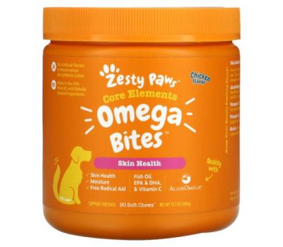 Zesty Paws, Omega Bites for Dogs, Skin & Coat, All Ages, Chicken Flavor, 90 Soft Chews