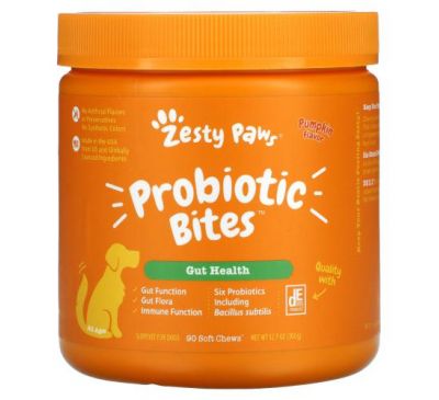 Zesty Paws, Probiotic Bites, добавка для собак с пробиотиками, для пищеварения, для любого возраста, со вкусом тыквы, 90 мягких жевательных таблеток