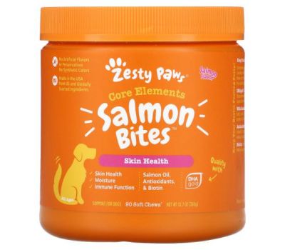 Zesty Paws, Salmon Bites for Dogs, Skin & Coat, All Ages, Salmon Flavor, 90 Soft Chews