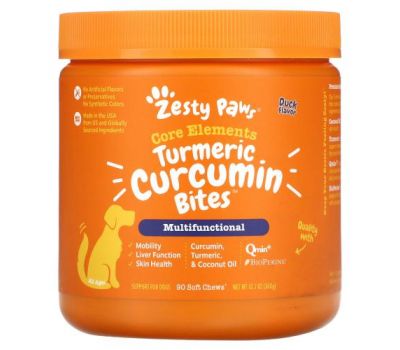 Zesty Paws, Turmeric, Curcumin Bites For Dogs, All Ages, Duck Flavor, 90 Soft Chews