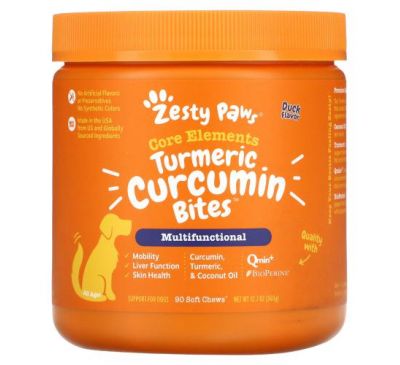 Zesty Paws, Turmeric, Curcumin Bites For Dogs, All Ages, Duck Flavor, 90 Soft Chews